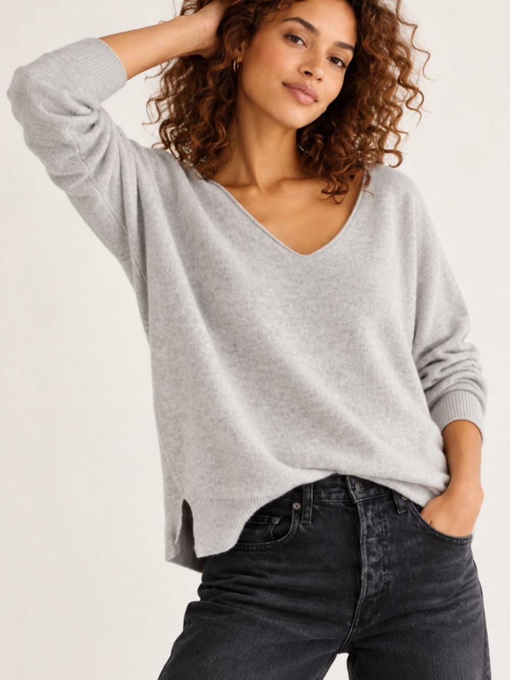 Free People Harmony 100% Cashmere Oversized V-Neck Sweater Gray Large